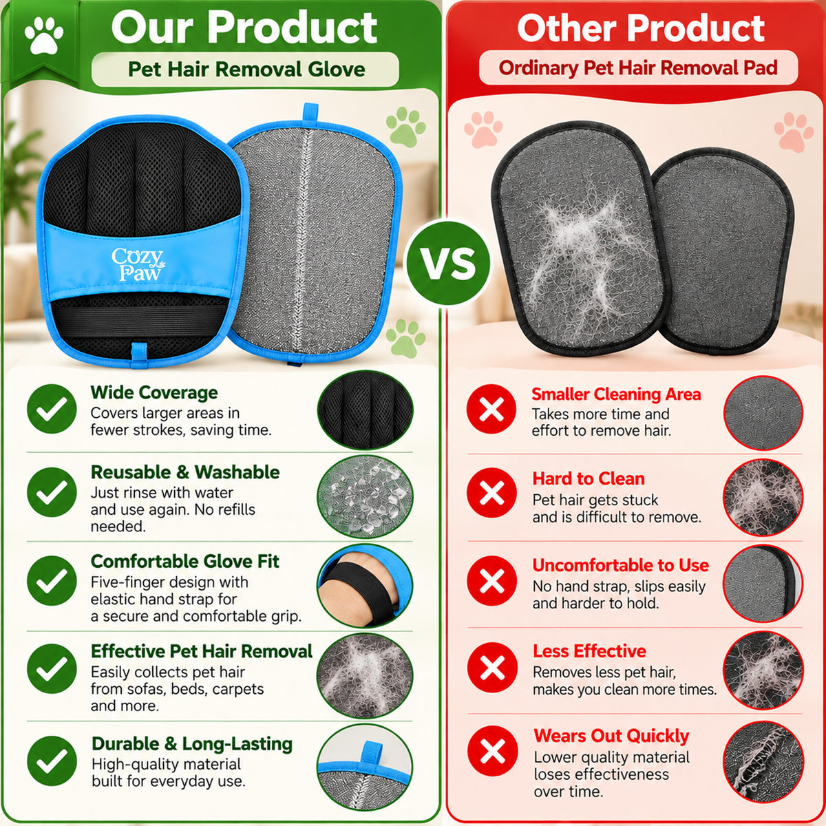 Pet Hair Removal Gloves, 2 Pack, 5 Finger Dog & Cat Grooming Glove Electrostatic Pet Hair Remover Glove, Double-Sided, Reusable & Washable, Ideal for Sofa, Carpet, Clothes & Car Seats