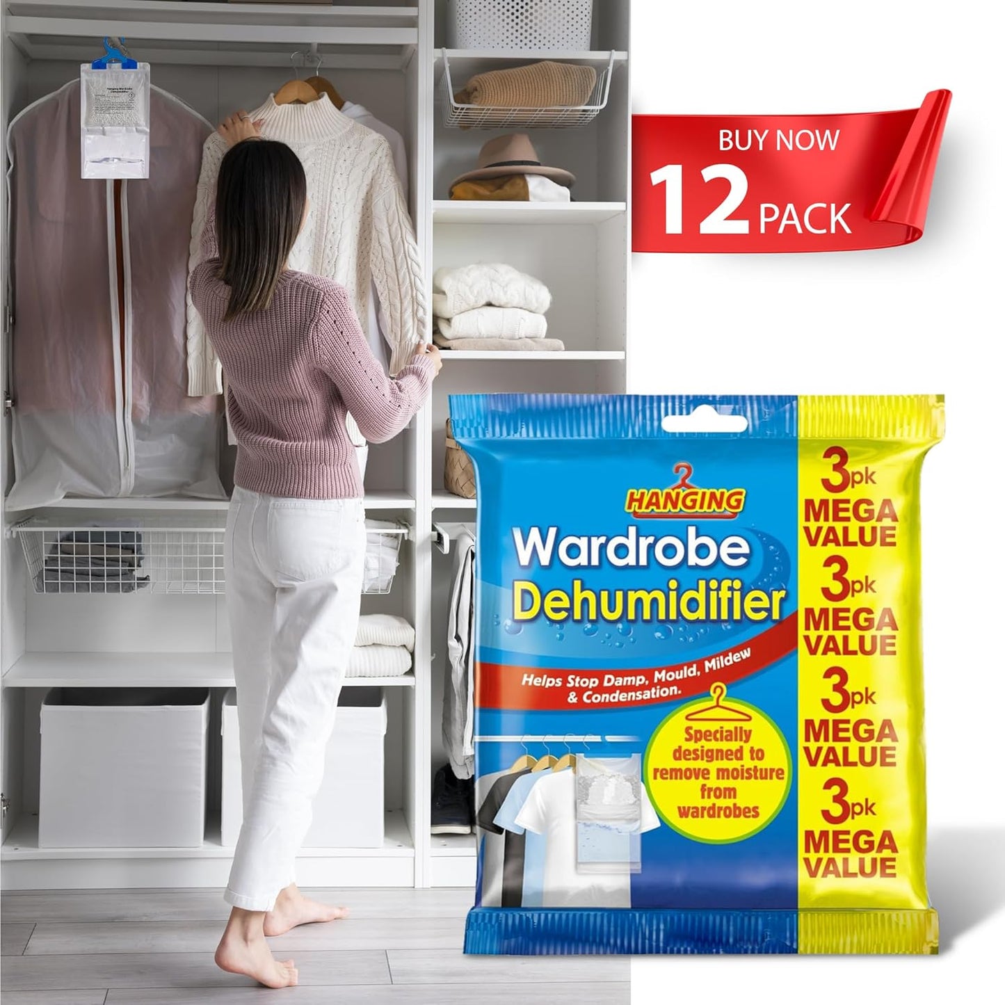 Roe Tenpo Wardrobe Dehumidifier Hanging Bags, Pack Of 12 Moisture Absorbers