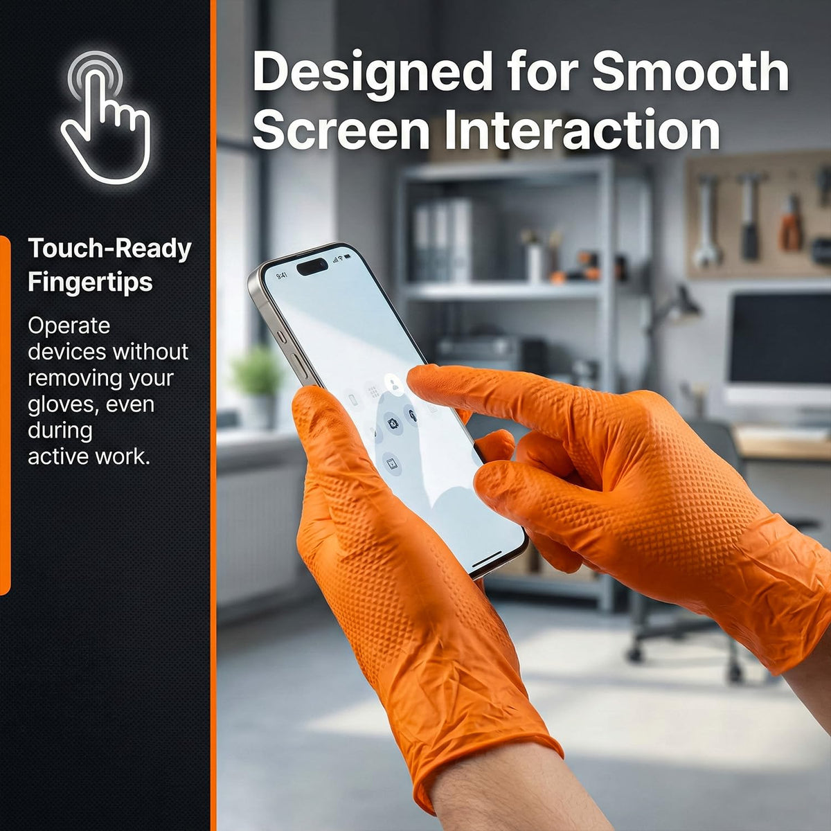 PRAIMA Mechanic Gloves, Diamond Grip Orange Nitrile Disposable Gloves | Powder-Free, Latex-Free, Extra Thick & Strong Rubber Gloves for Work, Automotive, Industrial, and Cleaning Use