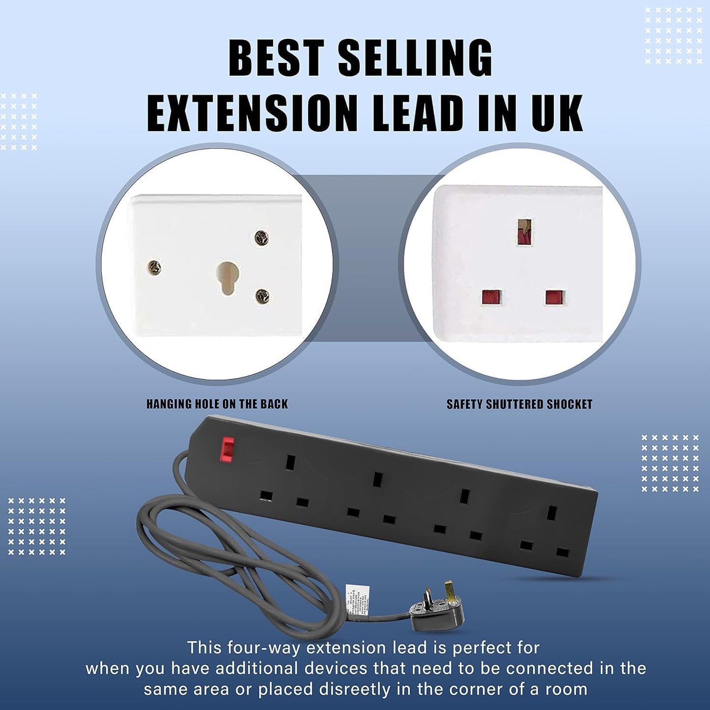 Wolf Power Heavy Duty Extension Lead UK Pin Plug and Cable, Multi Socket Mains Strip