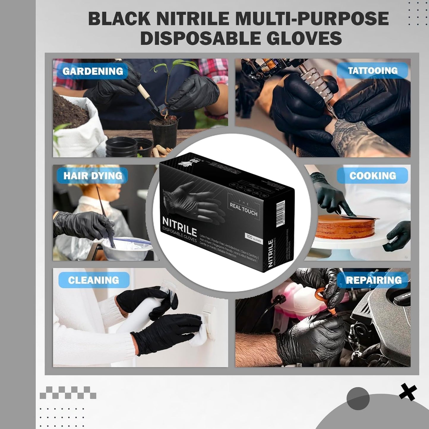 The Real Touch Black Nitrile Multi-Purpose Disposable Gloves, Powder Free, Disposable