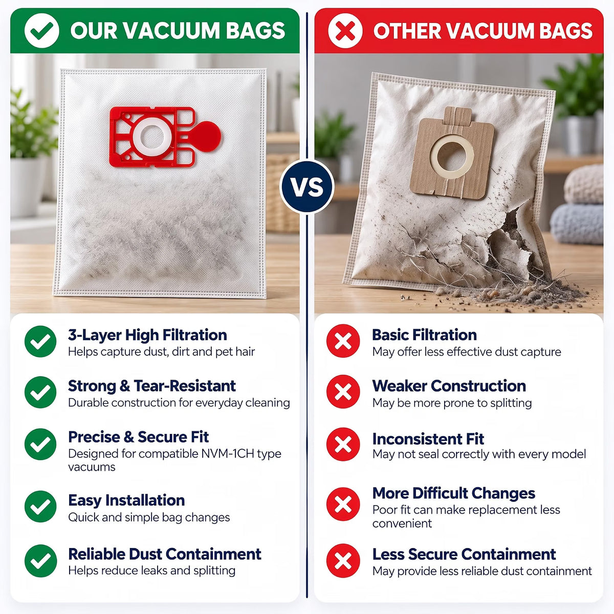 Mr.DIY Hoover Vacuum Bags 10 Pack Compatible with Henry, Hetty, Numatic & James, NVM-1CH Type, 3-Layer High Filtration Dust Bags, Self-Sealing, Easy Dust Disposal