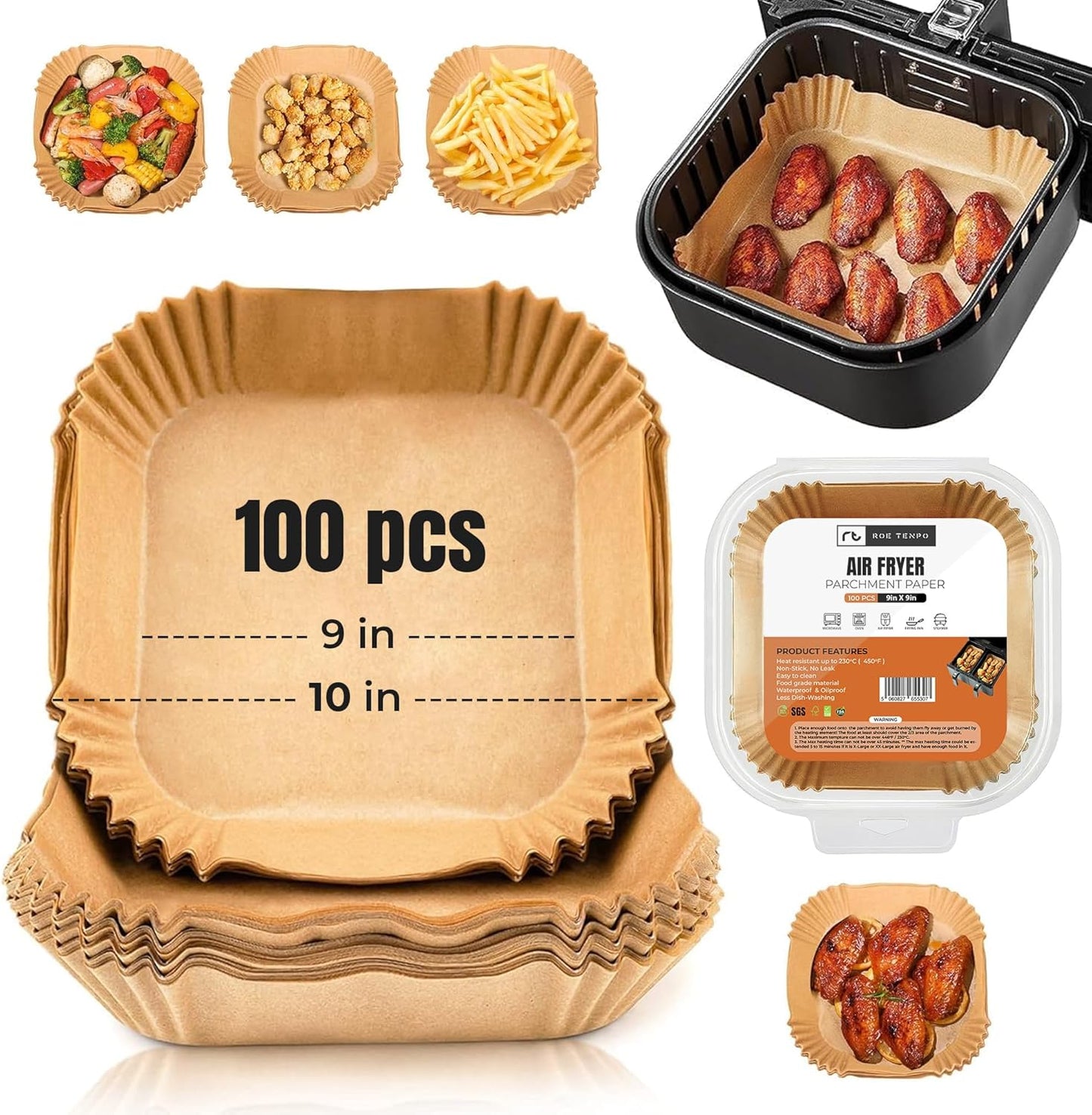 Roe Tenpo Air Fryer Liners Disposable 100pcs Rectangular, Non-Stick Parchment Paper Liners, Baking Paper