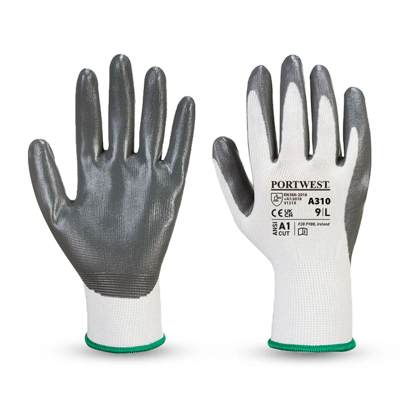 Portwest A310 Flexo Nitrile Grip Gloves Grey and White