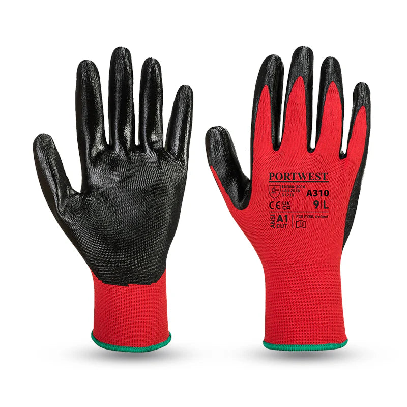 Portwest A310 Flexo Nitrile Grip Gloves Black and Red