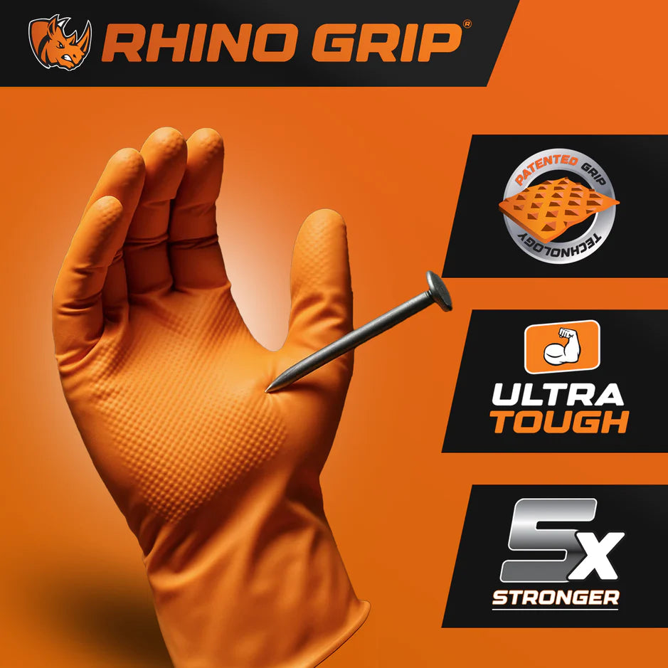 Rhino Grip Orange Ultra Tough Nitrile Trade Gloves- Pack of 50