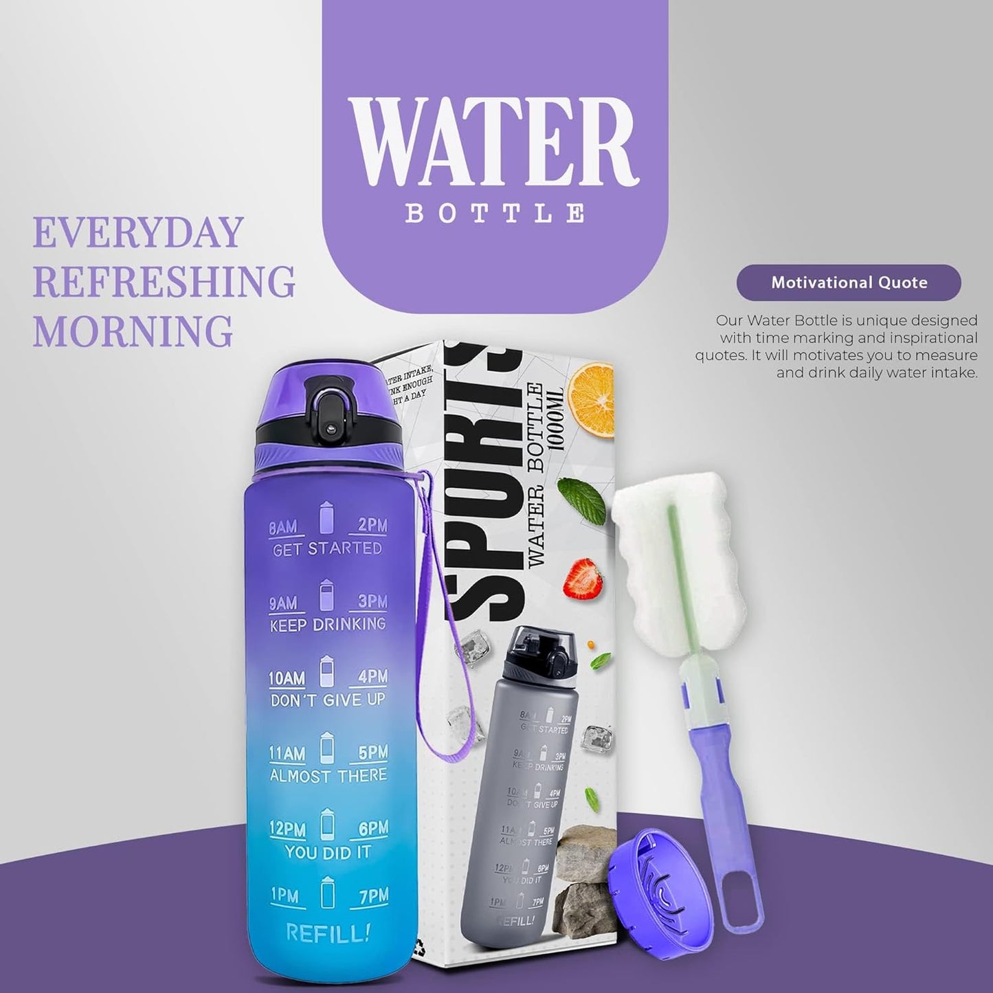 Active 100 Water Bottle 1L, Sports Water Bottle with Time Markings