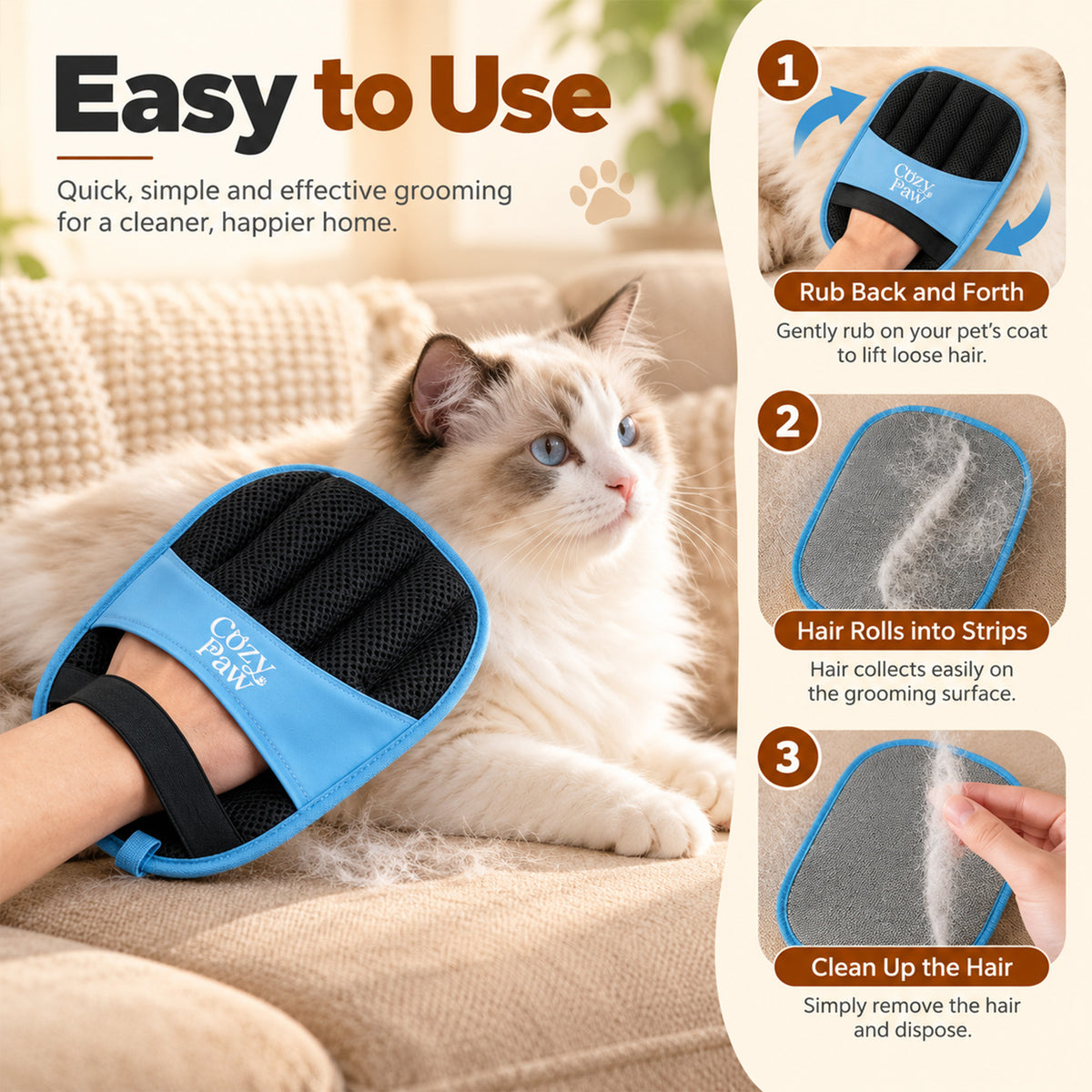 Pet Hair Removal Gloves, 2 Pack, 5 Finger Dog & Cat Grooming Glove Electrostatic Pet Hair Remover Glove, Double-Sided, Reusable & Washable, Ideal for Sofa, Carpet, Clothes & Car Seats