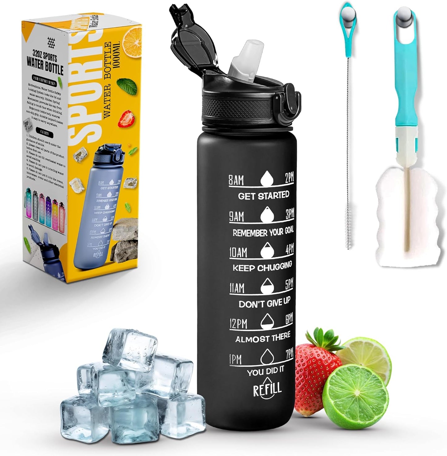Roe Tenpo Sports Water Bottle with Straw and Time Marking, and 32OZ Capacity