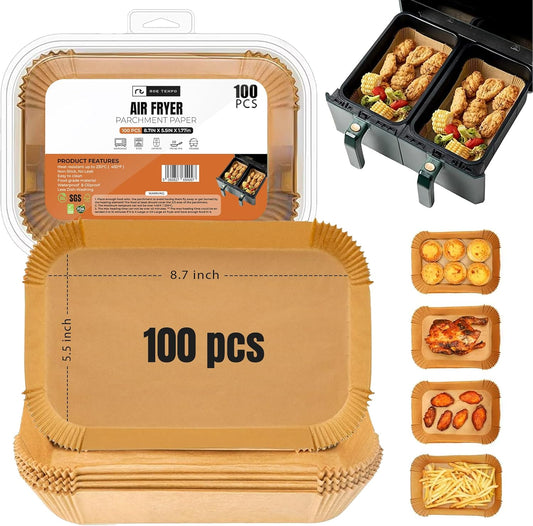 Roe Tenpo Air Fryer Liners Disposable 100pcs Rectangular, Non-Stick Parchment Paper Liners, Baking Paper