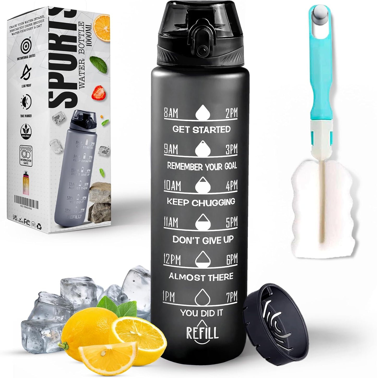 Roe Tenpo Water Bottle 1L, Sports Water Bottle with Time Markings