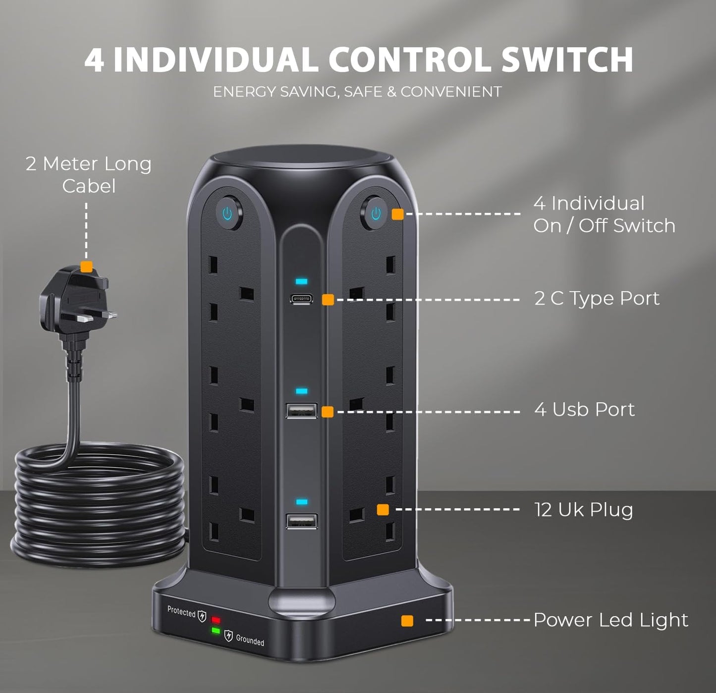 Wolf Power Tower Extension Lead with USB Slots