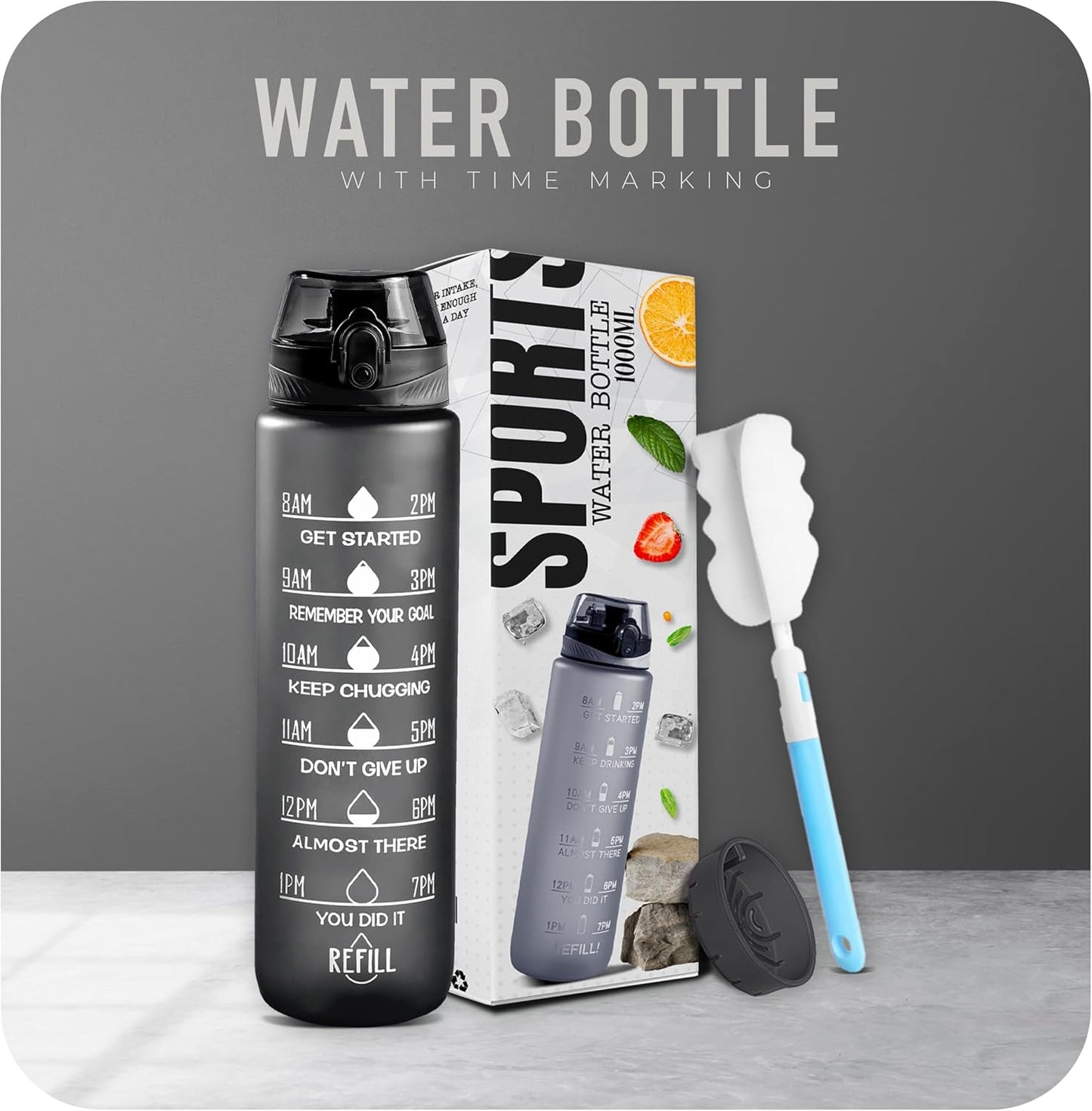 Roe Tenpo Water Bottle 1L, Sports Water Bottle with Time Markings