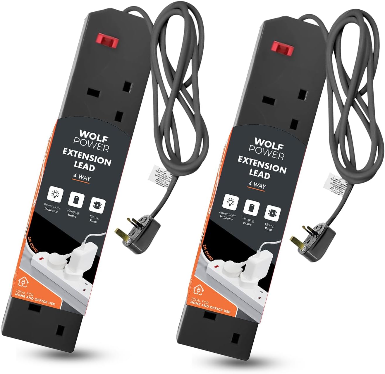 Wolf Power Heavy Duty Extension Lead UK Pin Plug and Cable, Multi Socket Mains Strip