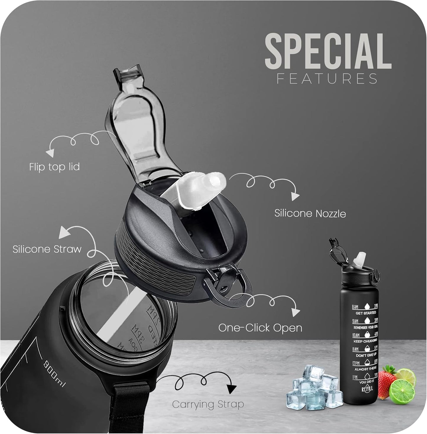 Roe Tenpo Sports Water Bottle with Straw and Time Marking, and 32OZ Capacity