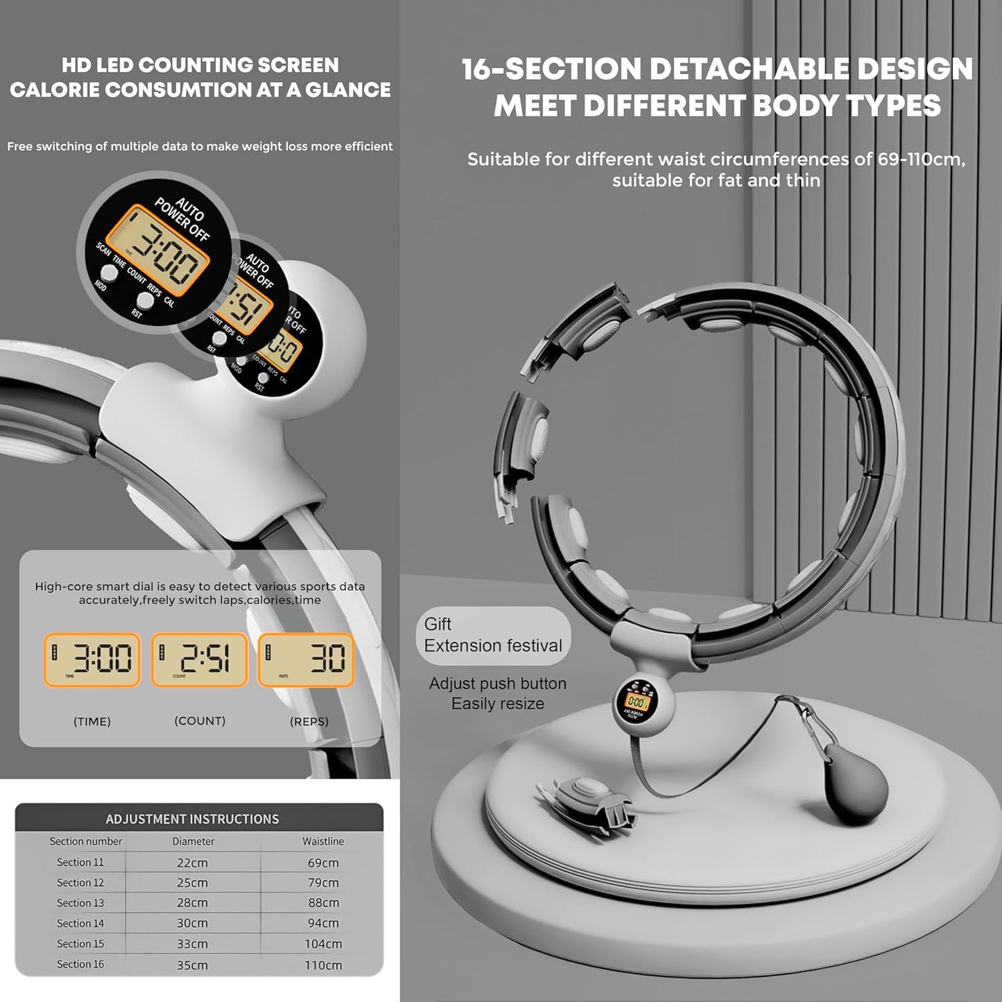 Active 100 Smart Weighted Hula Hoop For Adults, Detachable Fitness Ring With 360 Degree Auto-Spinning Ball Massage