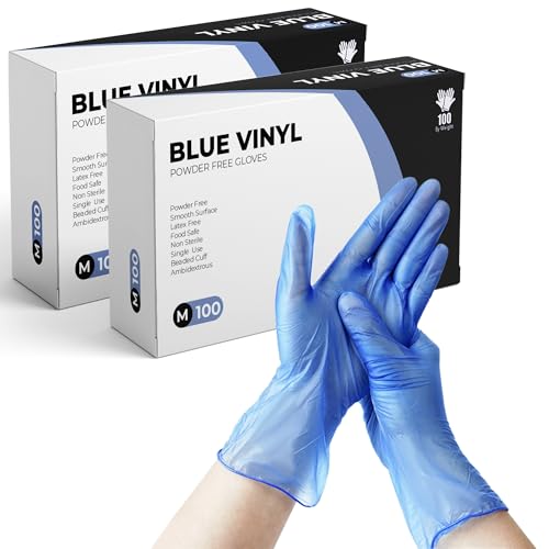 PRAIMA Disposable Gloves, Blue Vinyl Gloves, Powder Free, Latex Free, Comfortable Fit, Suitable for Food Handling, Cleaning, Hairdressing & Multi-Purpose Use