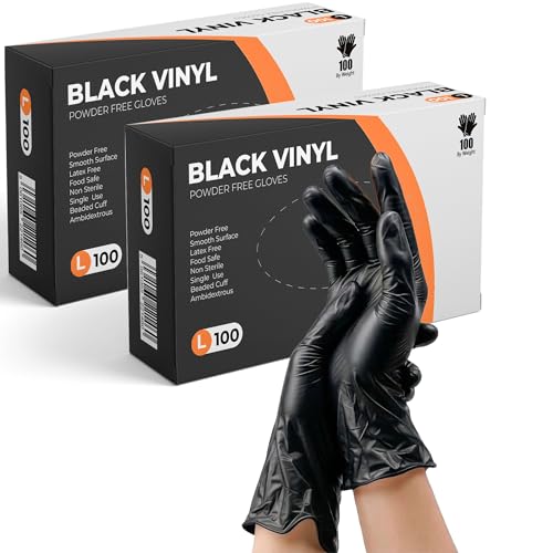 PRAIMA Black Vinyl Gloves, Powder Free & Latex Free, Multi-Purpose Black Disposable Gloves for Food Handling, Cooking, Cleaning & Medical Use