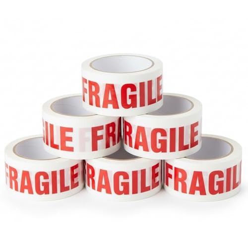 Stick Well Fragile Packing Tape, 48mm x 66m, 6 Rolls, Low Noise Parcel Tape, Secure & Sticky, Heavy Duty Tape for Packing Parcels, Moving House, Cardboard Boxes & Cartons