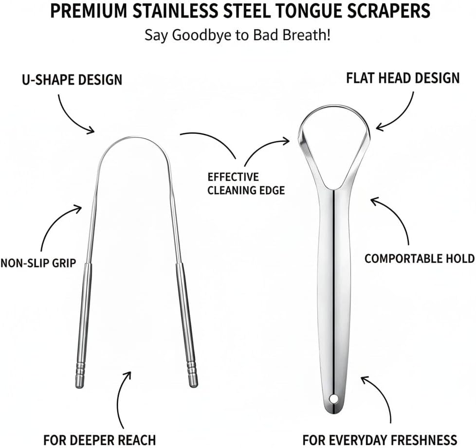 Scott & Wills 2-Pack Metal Tongue Scrapers –  Effective Oral Care – Promotes Fresh Breath & a Cleaner Mouth – Ideal for Both Men and Women