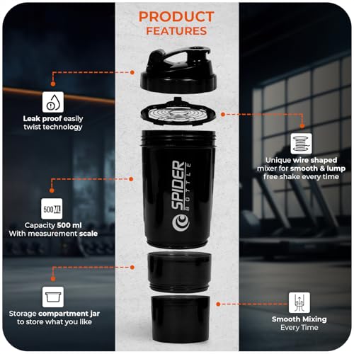 Active 100 Protein Shaker Bottle 500ml With Extra Compartment - Gym Shaker Bottle For Men & Women, Perfect For Protein Shakes & Supplements