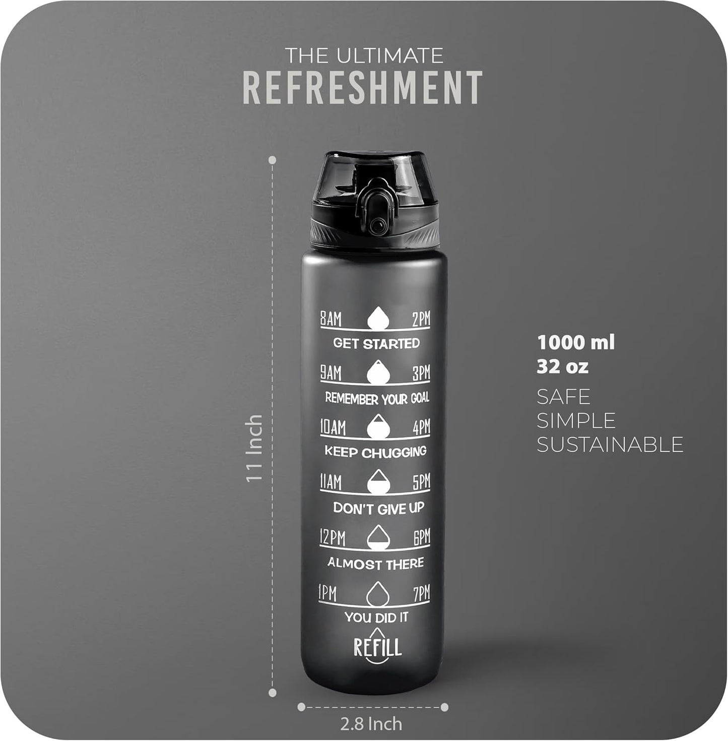 Roe Tenpo Water Bottle 1L, Sports Water Bottle with Time Markings