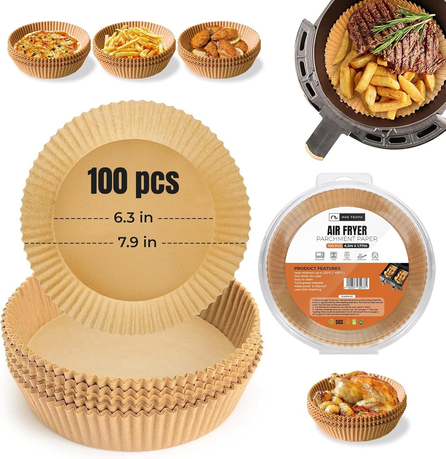 Roe Tenpo Air Fryer Liners Disposable 100pcs Rectangular, Non-Stick Parchment Paper Liners, Baking Paper