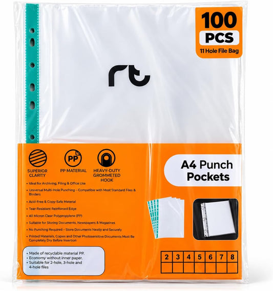 Roe Tenpo A4 Punched Pockets – Pack of 100 Reinforced Clear Plastic A4 Wallets | Top Opening Poly Pockets for Ring Binder Files & Folders