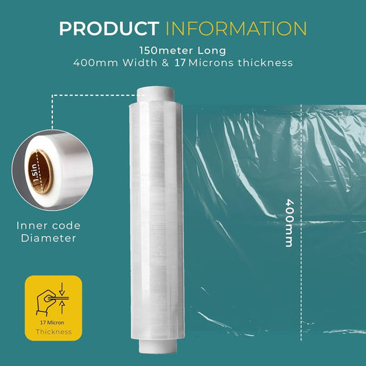 Stick Well Shrink Wrap Roll - 400mm x 250m, Strong & Durable, Stretchable, Water & Moisture Resistant, Industrial-Grade Cling Film, for Luggage, Pallet Wrapping & Packaging (Clear, 1 Roll)