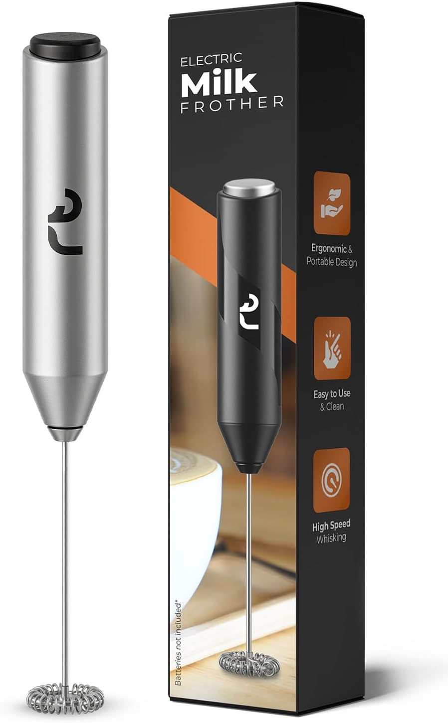 Roe Tenpo Handheld Milk Frother with Stainless Steel Whisk - Ergonomic, Compact, Easy to Clean, Portable Battery-Operated Coffee Frother for Cappuccino, Frappe, Matcha, Hot Chocolate