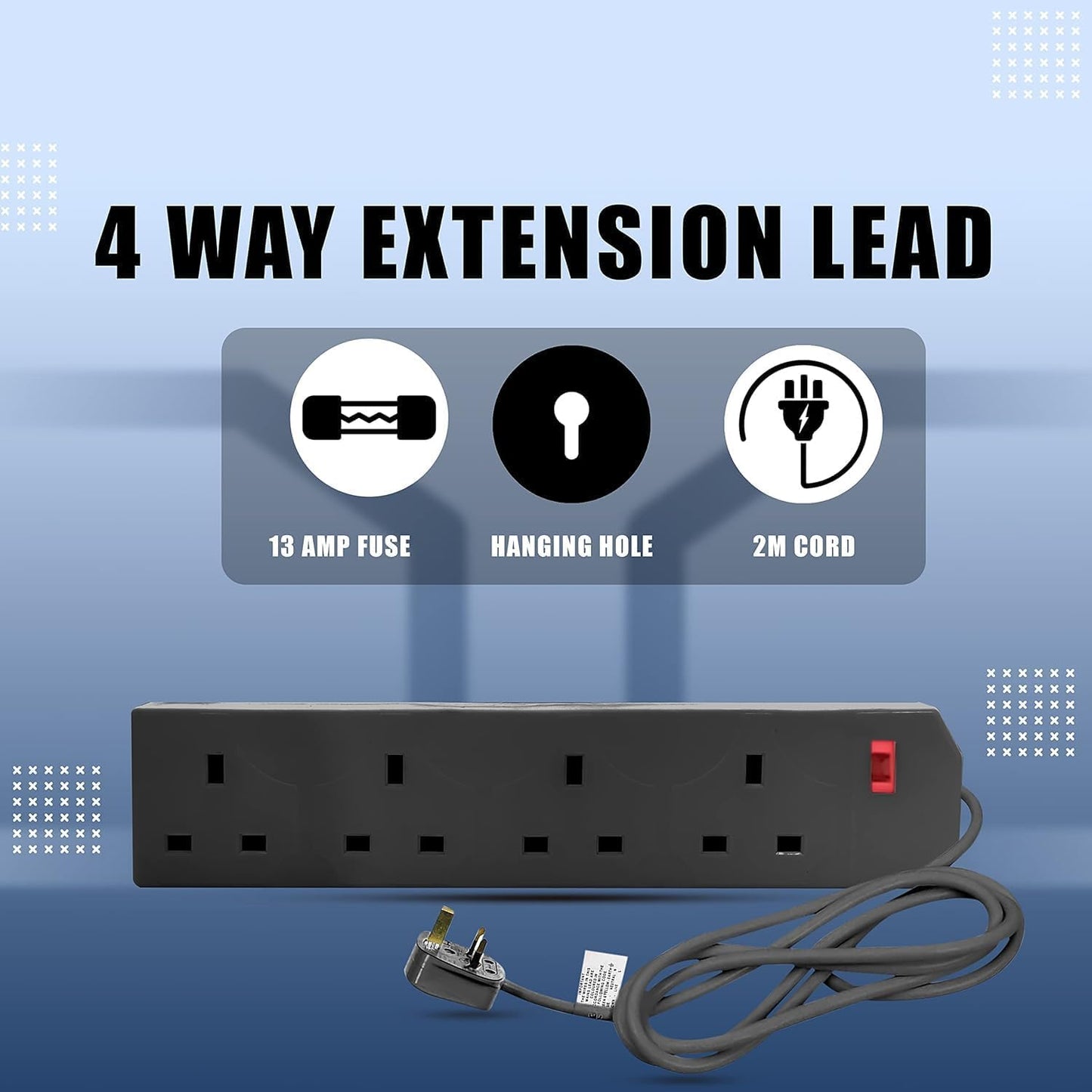 Wolf Power Heavy Duty Extension Lead UK Pin Plug and Cable, Multi Socket Mains Strip