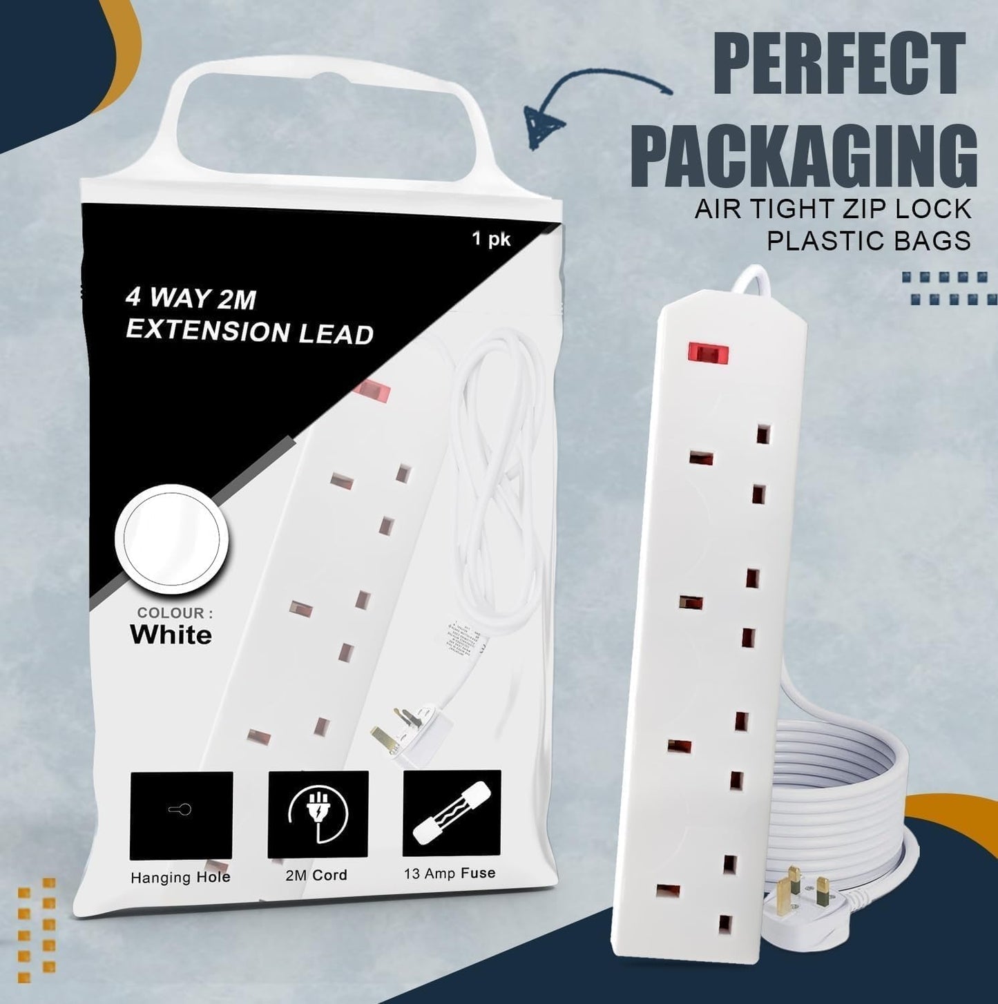 Roe Tenpo Heavy Duty Extension Lead UK Pin Plug and Cable, Multi Socket Mains Strip