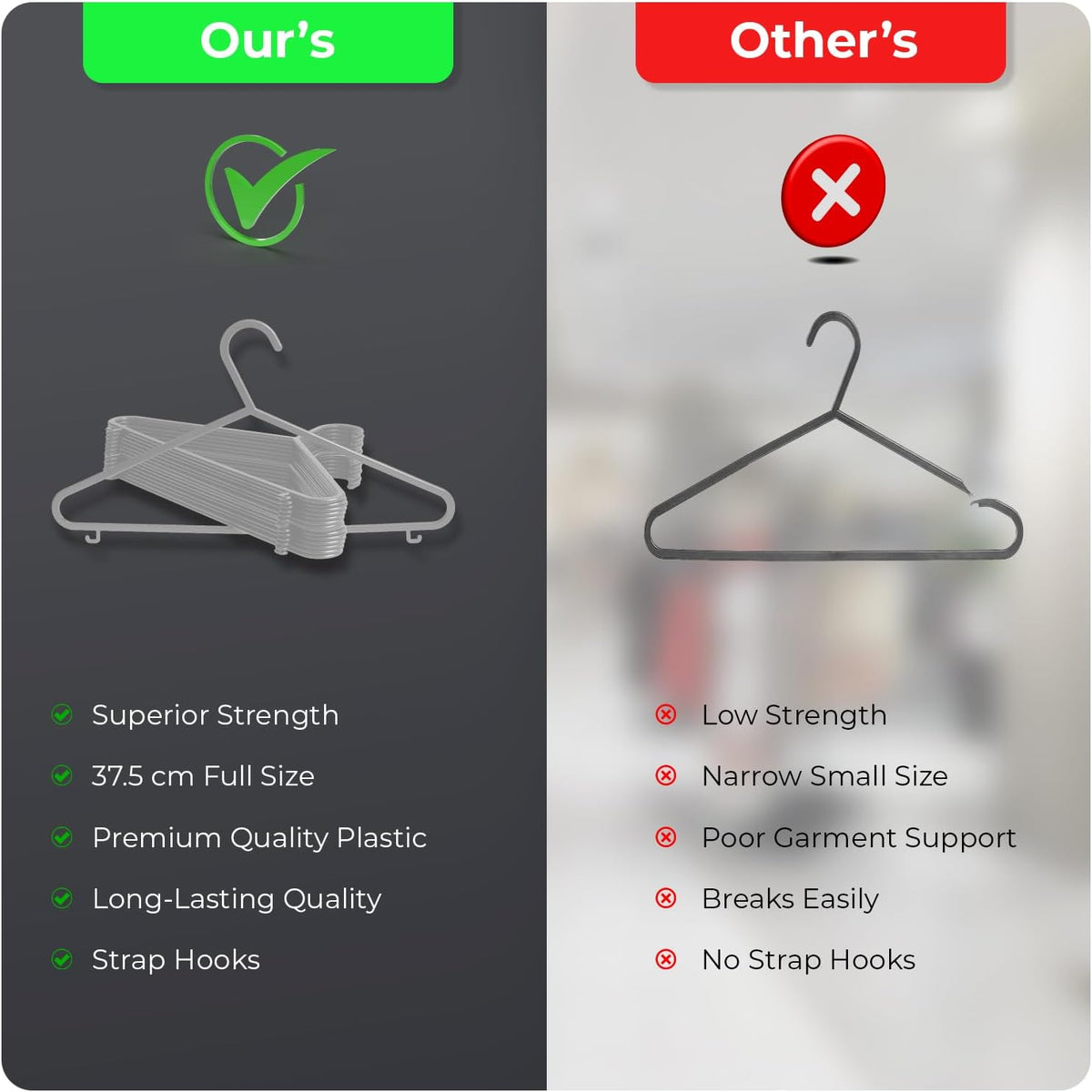 Scott 11 Plastic Coat Hangers, 25 Pack - Adult Strong Clothes Hangers For Clothes, Durable With Hooks For Space-Saving, Lightweight, Non-Slip, Slim Design For Trousers, Shirts & Suits