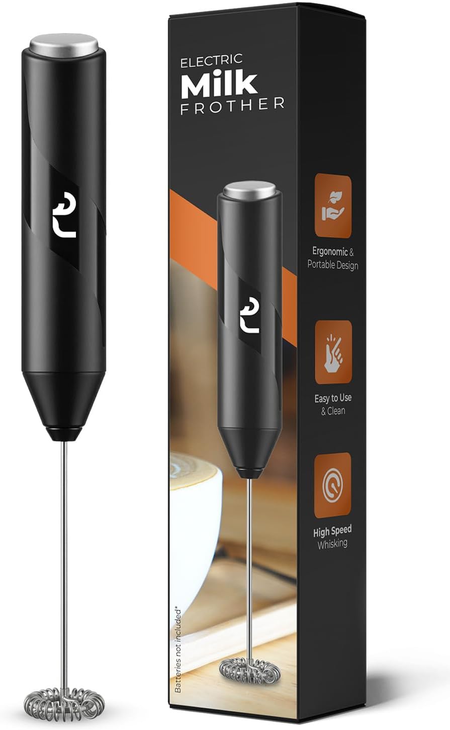 Roe Tenpo Handheld Milk Frother with Stainless Steel Whisk - Ergonomic, Compact, Easy to Clean, Portable Battery-Operated Coffee Frother for Cappuccino, Frappe, Matcha, Hot Chocolate