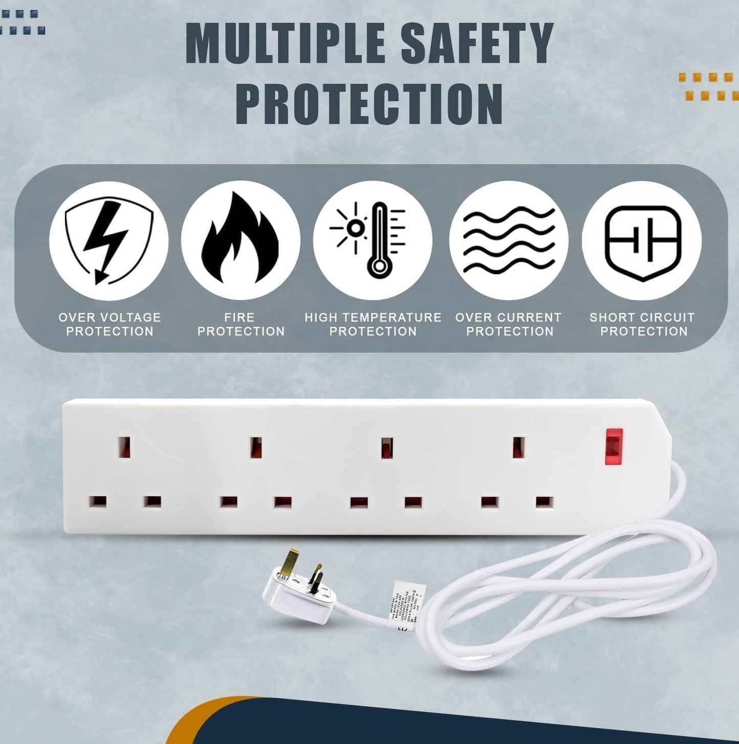 Roe Tenpo Heavy Duty Extension Lead UK Pin Plug and Cable, Multi Socket Mains Strip