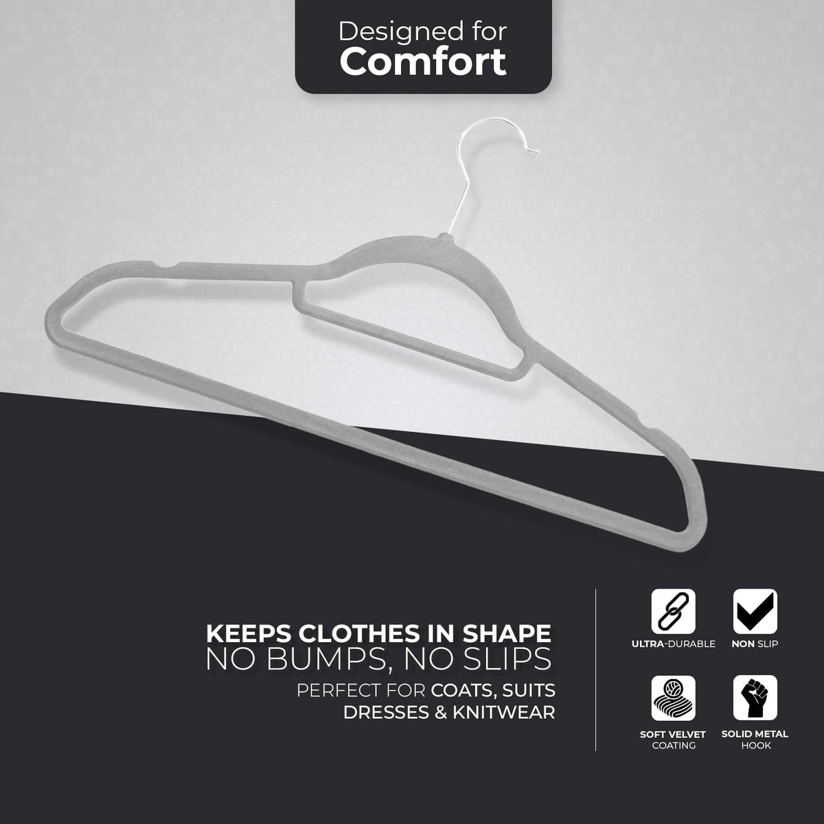 Roe Tenpo Coat Hangers, 20 Pack, Black | Velvet Hangers for Clothes with Tie Bar & 360° Hook | Durable & Sturdy | Non-Slip, Space-Saving Design for Shirts, Jackets, Trousers & More