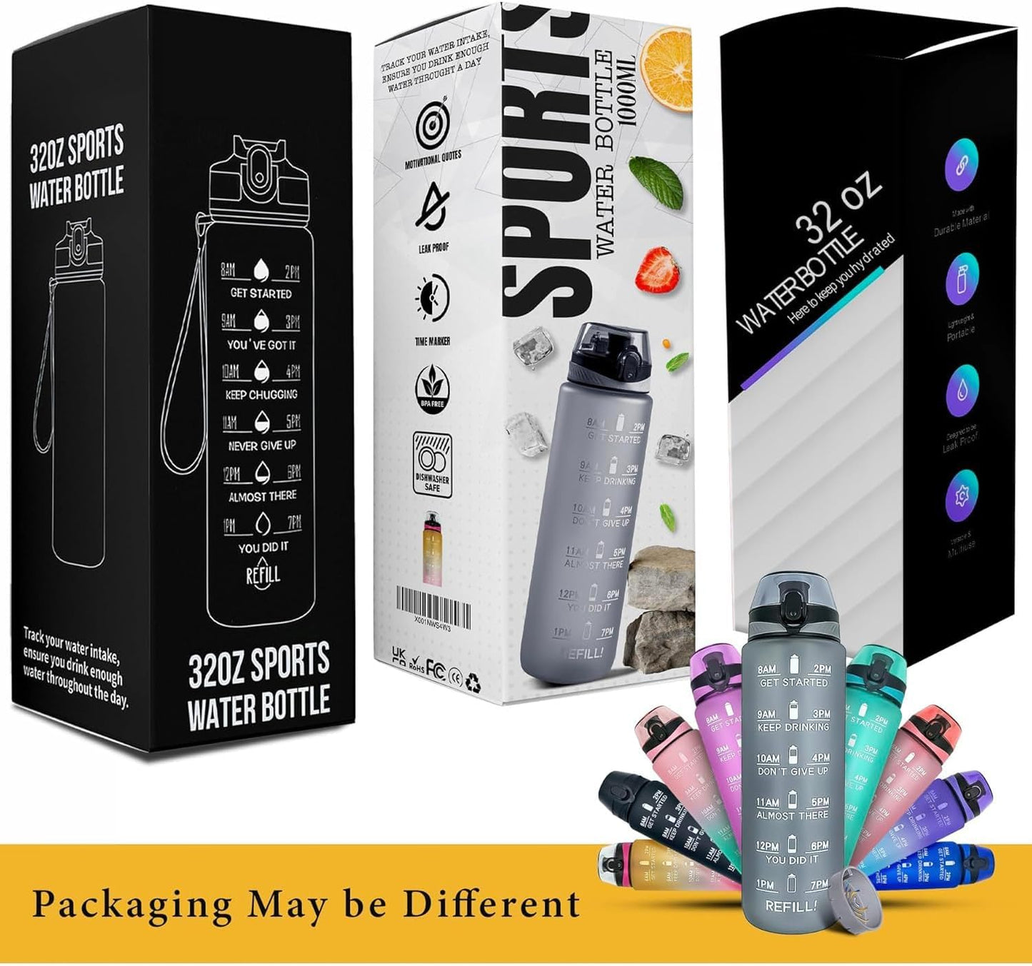 Active 100 Water Bottle 1L, Sports Water Bottle with Time Markings
