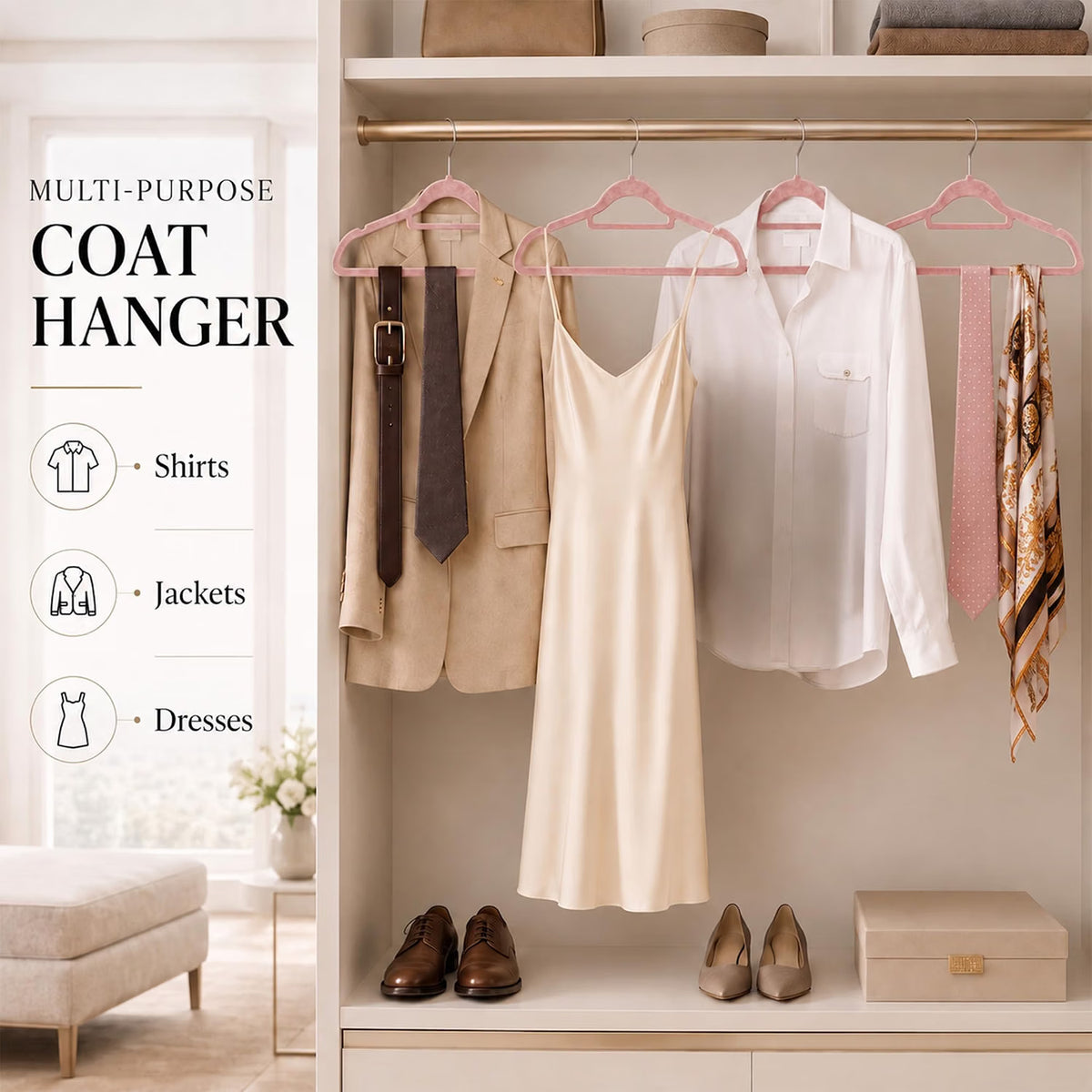 Housezy Coat Hangers, 20 Pack, Non-Slip Velvet Hangers for Clothes with Tie Bar & 360° Rotating Hook, Strong & Durable, Slim Space Saving Design for Coats, Shirts, Jackets & Trousers