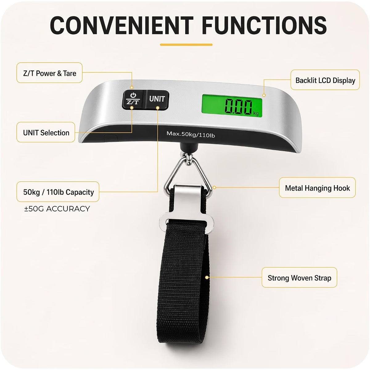 Mr.DIY Digital Luggage Scale 50kg/110lb, Portable Suitcase Weight Checker with Backlit LCD Display, Tare Function, Temperature Sensor & Battery Included