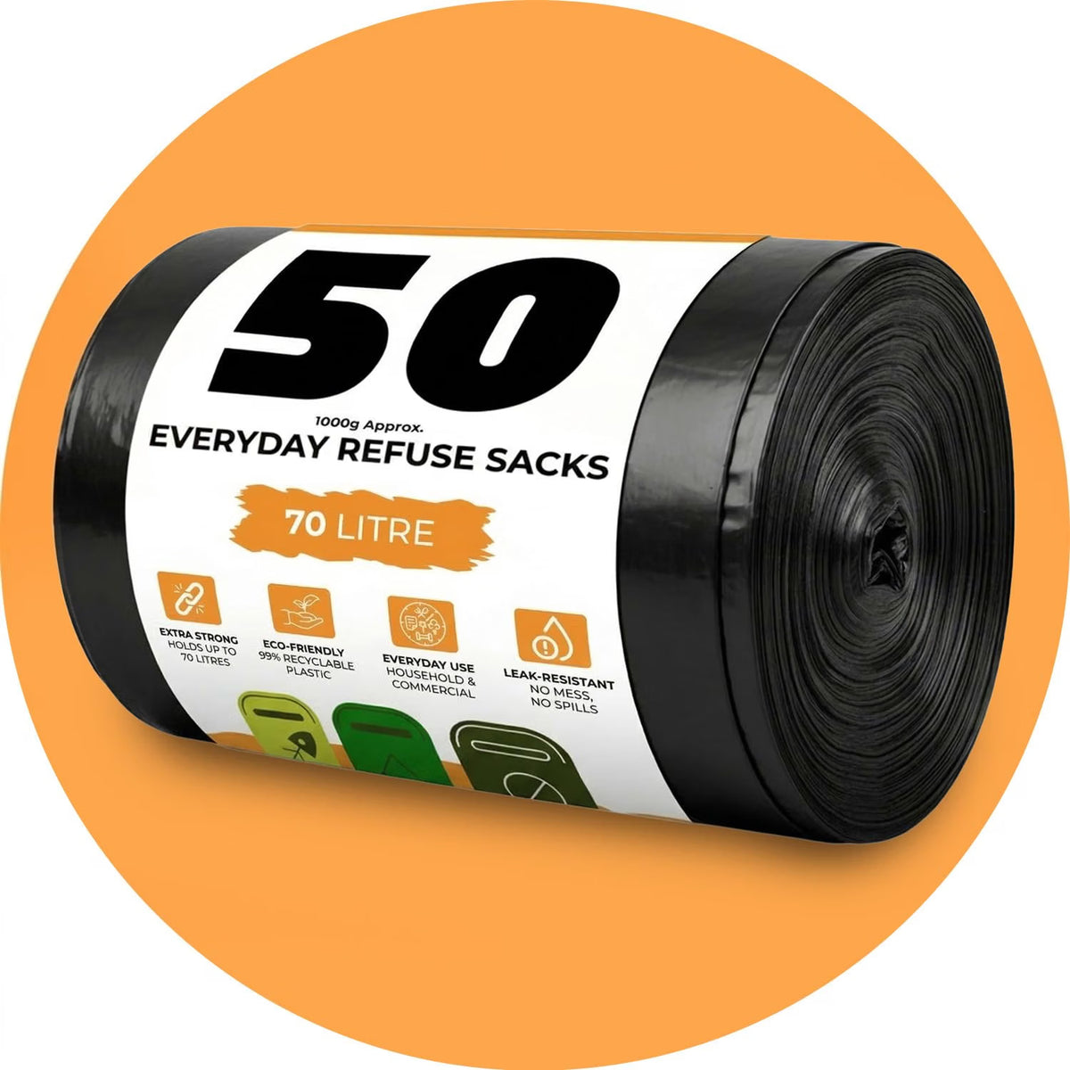 Roe Tenpo Bin Bags - 70L, 30 Microns Bin Liners, Strong & Durable, Tear Resistant Refuse Sack, Black Bin Bags for Everyday Use, Household & Commercial Use