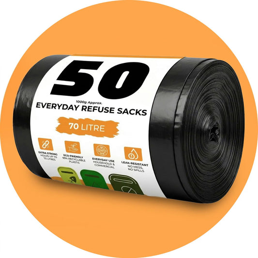 Roe Tenpo Bin Bags - 70L, 30 Microns Bin Liners, Strong & Durable, Tear Resistant Refuse Sack, Black Bin Bags for Everyday Use, Household & Commercial Use