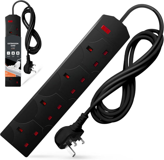 Wolf Power 4 Way Extension Lead, 2 Metre Extension Cable with UK 3 Pin Plug, Multi Socket Power Strip, Wall Mountable, Suitable for Home, Office & Appliances