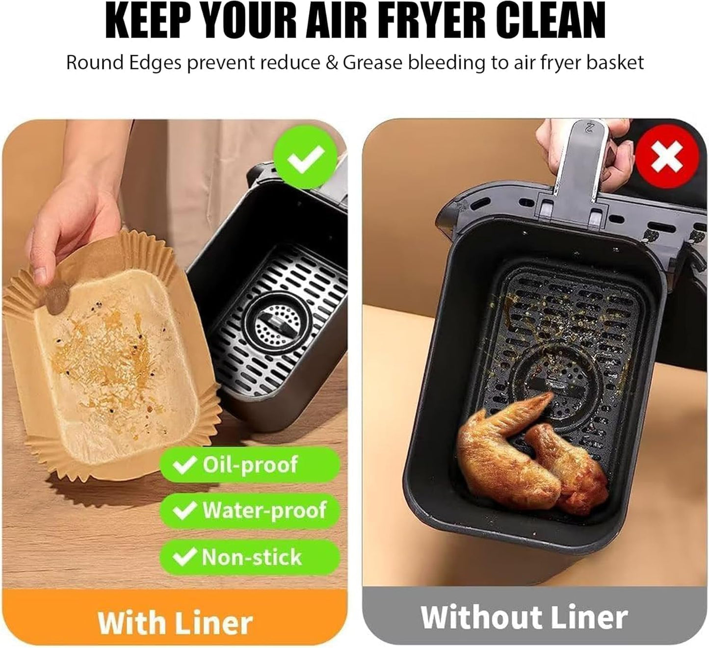 Roe Tenpo Air Fryer Liners Disposable 100pcs Rectangular, Non-Stick Parchment Paper Liners, Baking Paper