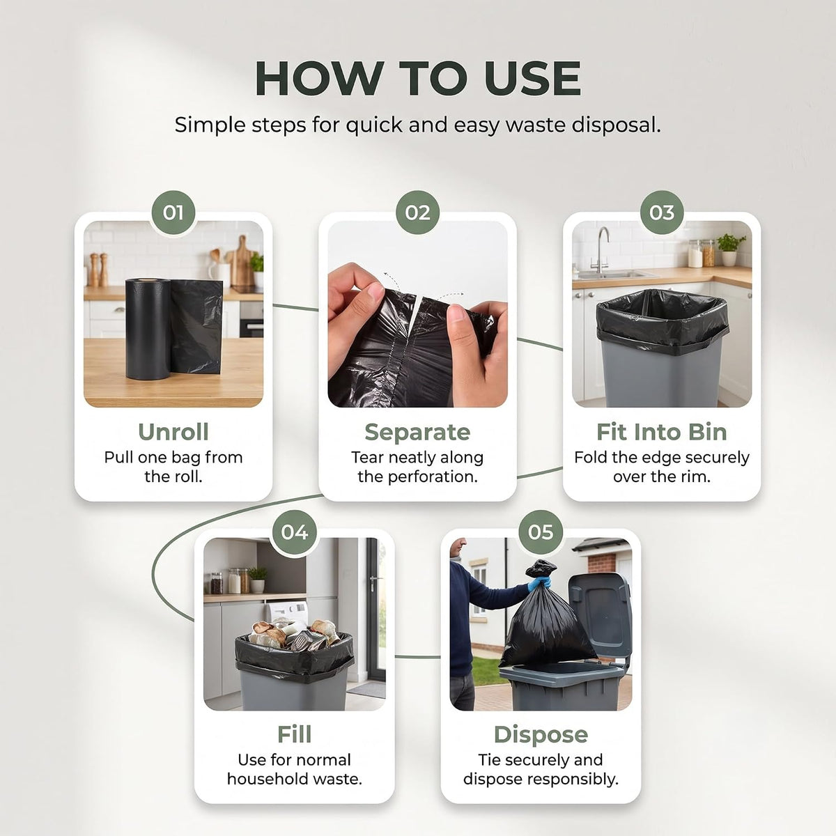 EasyBin Black Bin Bags, 50 Count, Strong & Durable Bin Liners Heavy Duty Bin Bags, Easy Tear Roll, Recycled, Refuse Sacks for Household, Garden Tidy-Up, Garage, Office & General Waste