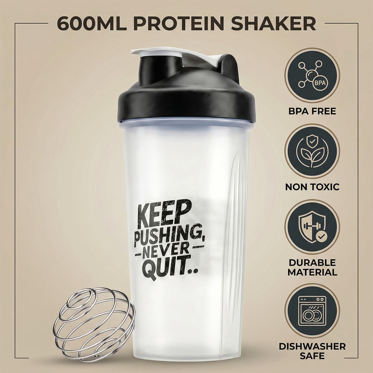 Active 100 Protein Shaker Bottle 600ml, Leakproof with Stainless Steel Wire Mixing Ball, BPA-Free, Dishwasher Safe Gym Shaker for Protein Shakes, Smoothies, Pre-Workout & Supplements