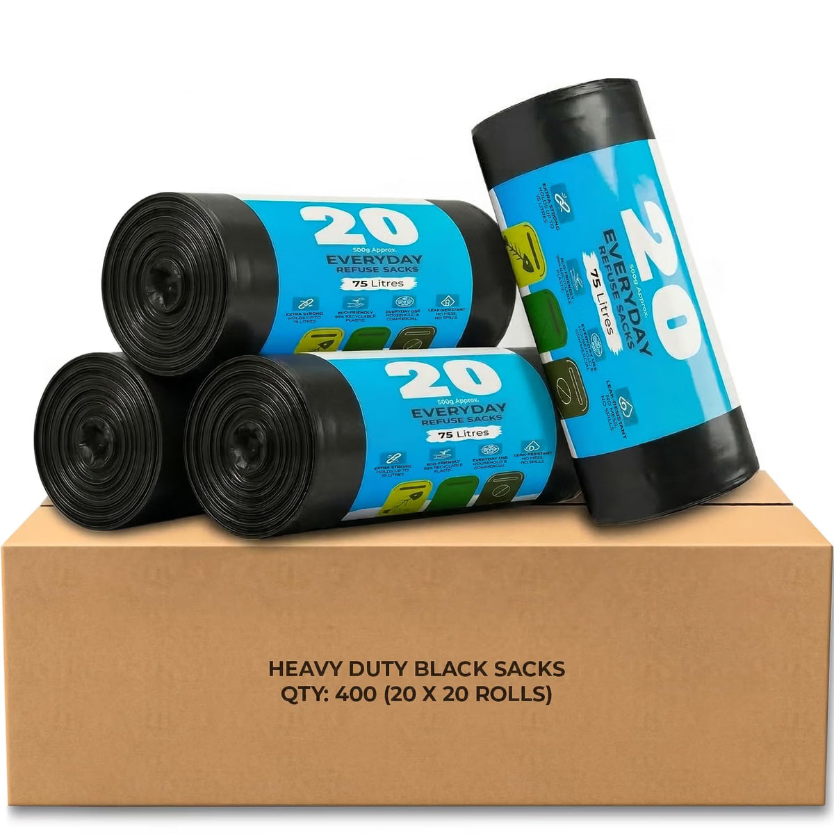 Roe Tenpo Bin Bags - 70L, 30 Microns Bin Liners, Strong & Durable, Tear Resistant Refuse Sack, Black Bin Bags for Everyday Use, Household & Commercial Use