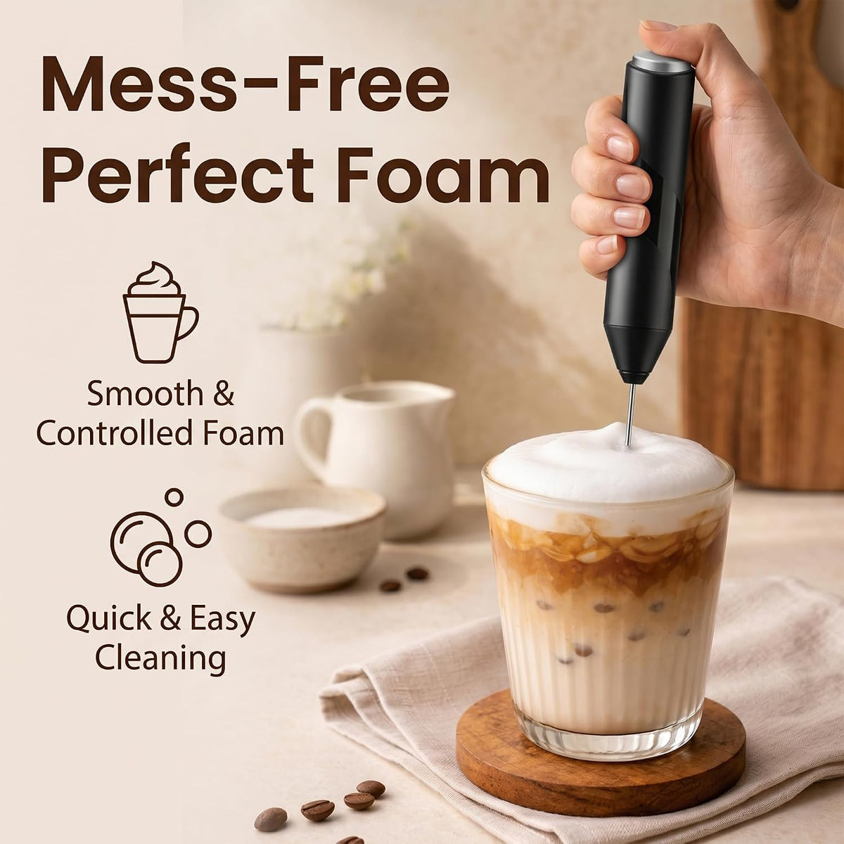 Wolf Power Handheld Milk Frother, Stainless Steel Electric Whisk Coffee Frother, Battery Operated, Portable Foam Maker for Latte, Cappuccino, Matcha, Hot Chocolate & Shakes