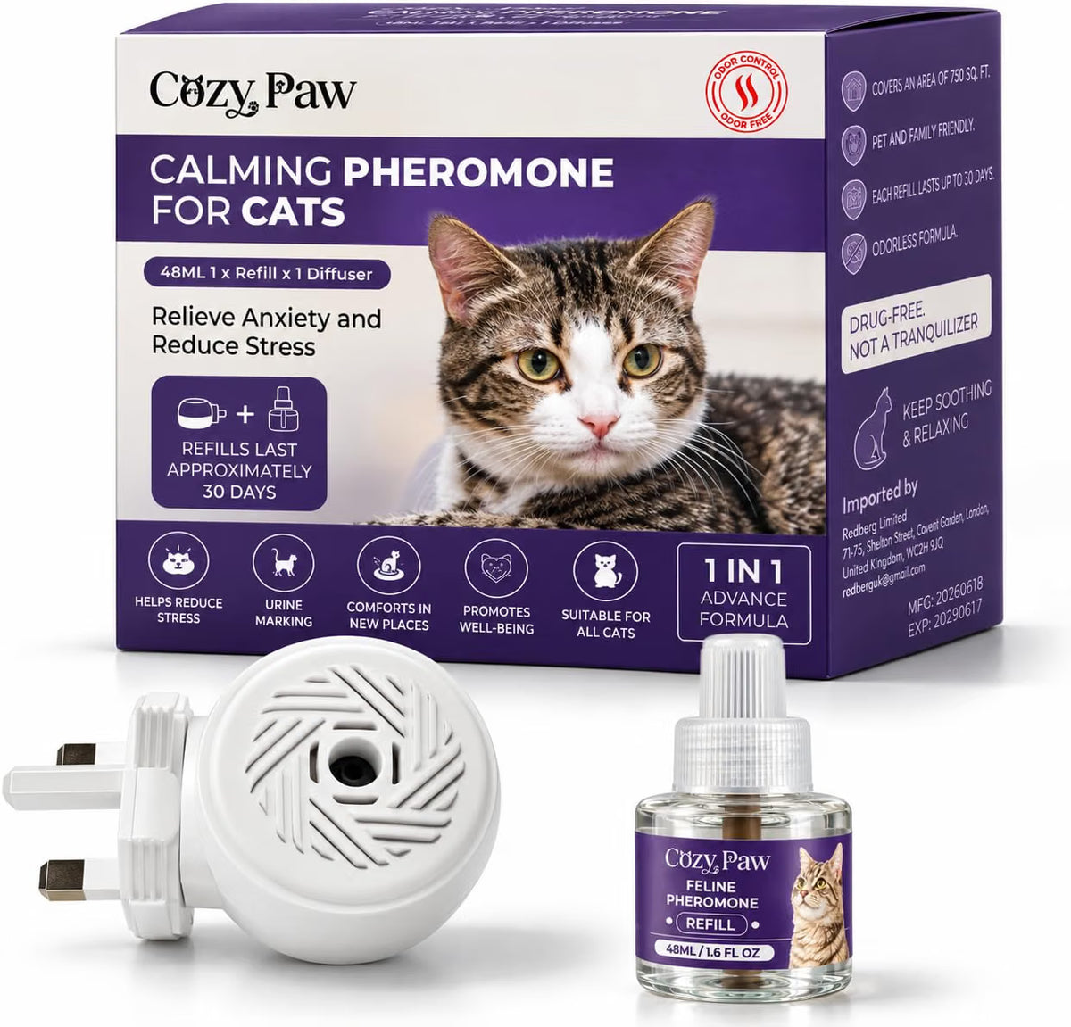 Cozy Paw Cat Calming Plug-In, Cat Pheromone Diffuser With 48ml Refill Odourless, Drug-Free, Suitable for Cats of All Ages, Cat Plug In Calmer for a Calm Home, Continuous Calming Support