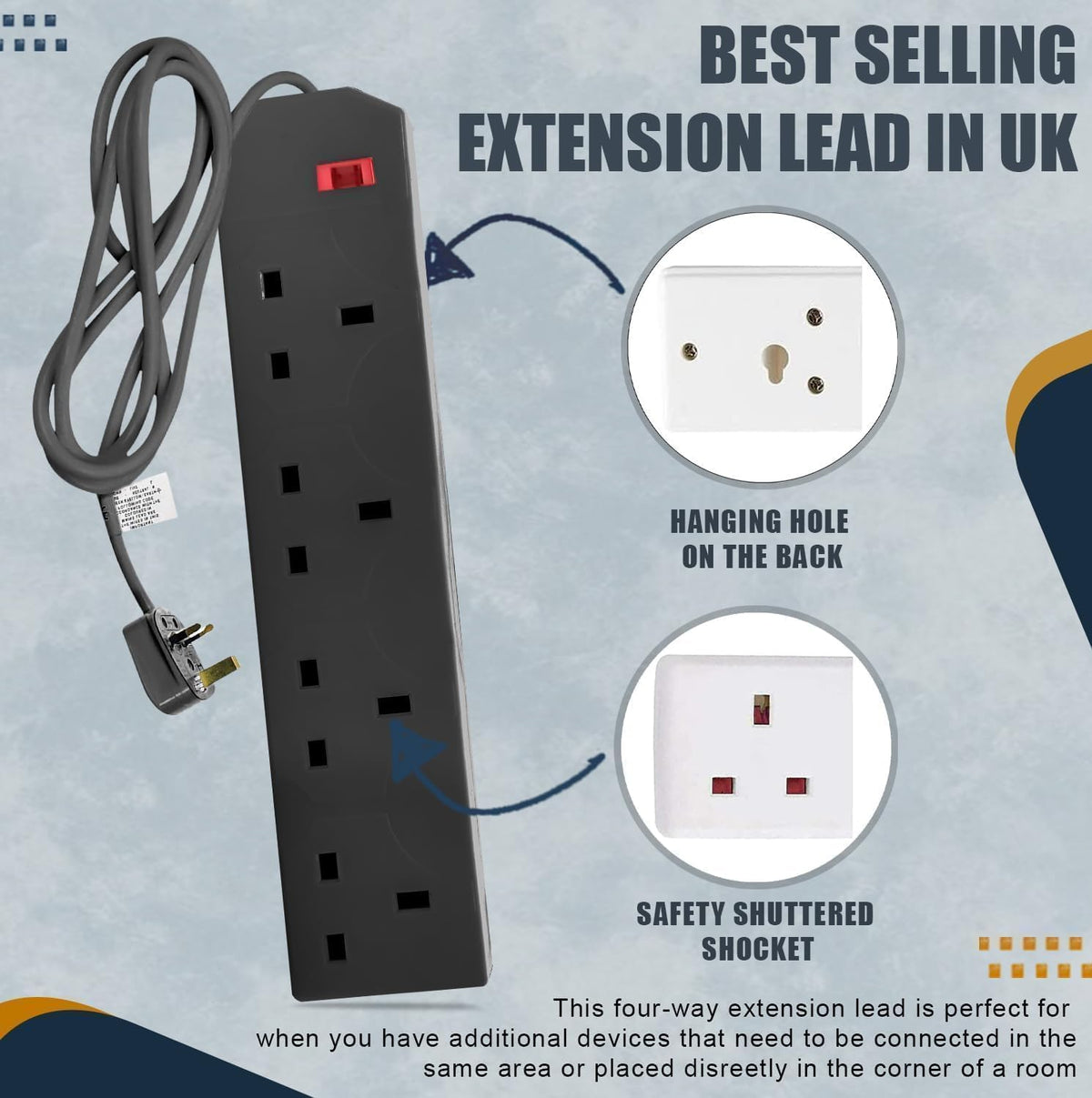 Scott 11 Extension Lead with UK Plug, 4 Way Power Strip with 2 Metre Cable, Wall Mountable Multi Socket for Home, Office, Bedroom & Kitchen