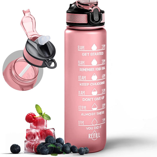 Active 100 Water Bottle 1000ml Sports Water Bottle with Motivational Time Marker & Straw, Dishwasher Safe Leak-proof Drink Bottle BPA Free Non-Toxic Tritan Material 1 Click Open for Running Gym